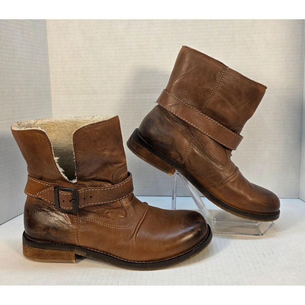 Aldo Ankle Boots Women 39 Brown Good Leather Faux Fur Lined Moto Buckle Zip